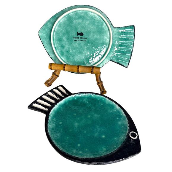 Paola Navone Fish Dish Set of 2 MCM Style Pottery Plates Made in Portugal - Picture 10 of 11